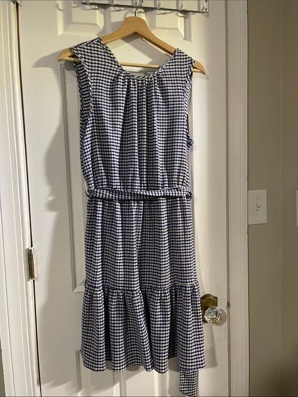 DKNY Navy and White Gingham Sleeveless Midi Dress